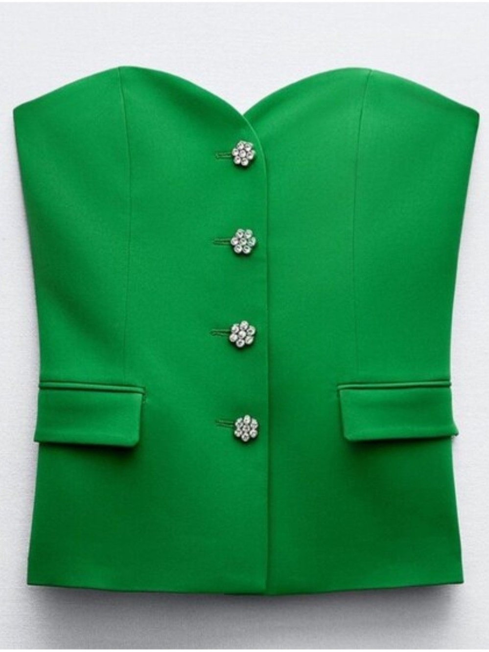 Zara Green Strapless Bustier Top with Rhinestone Buttons Size Medium